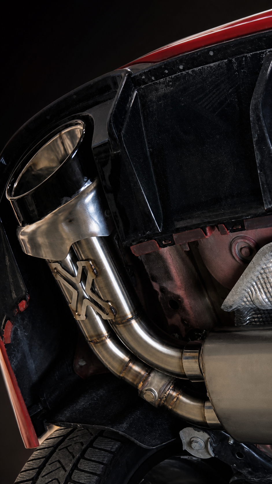 Close detail of performance exhaust hardware